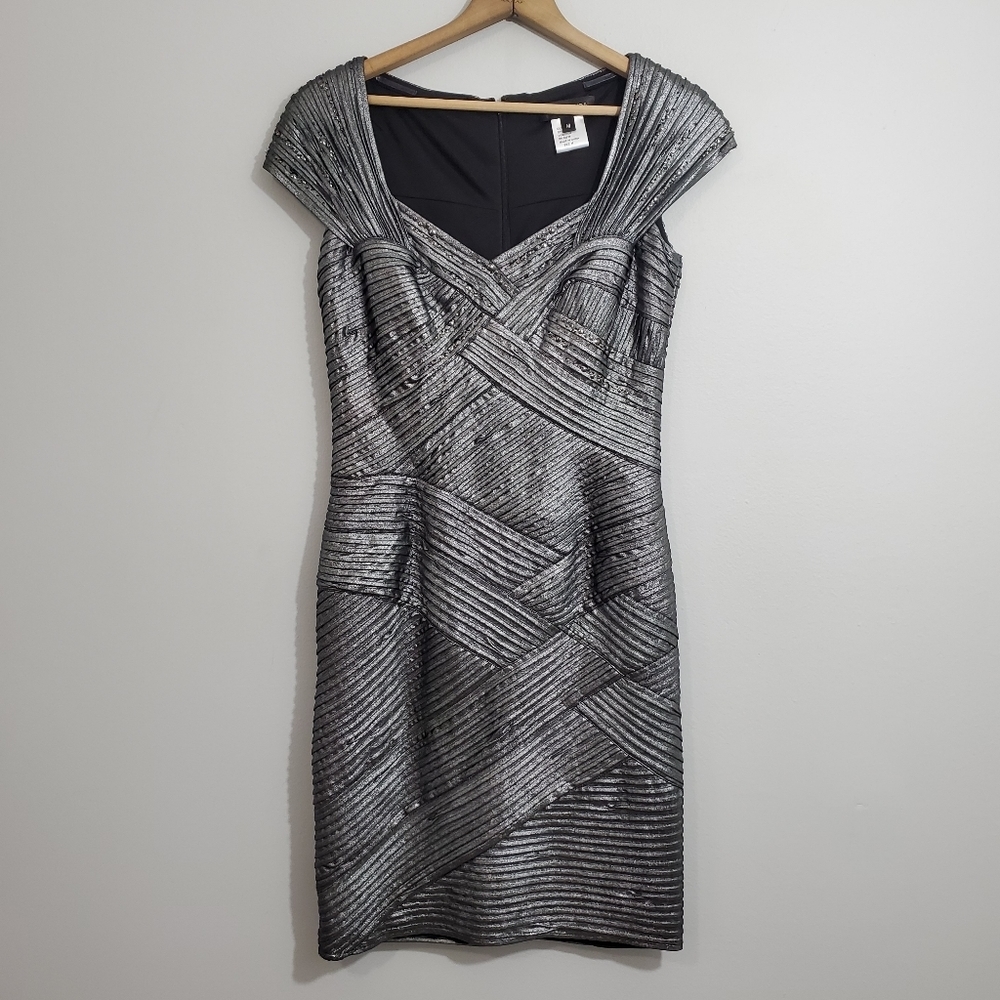 Tadashi Shoji Metallic Pewter Beaded Cocktail Dress